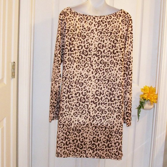 Sexy V-Neck Bodycon Leopard Print Sheath Dress Sz L Long Sleeve - Picture 5 of 8